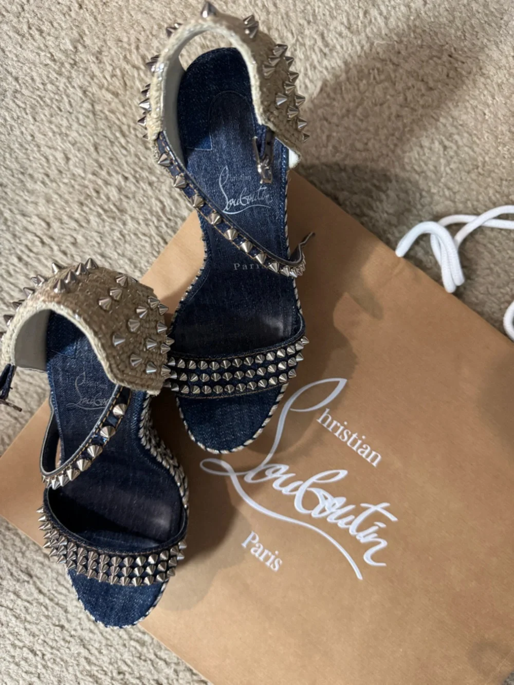 Christian Louboutin 💯% Authentic Denim Studded Espadrille Wedge Sandals -Size 38